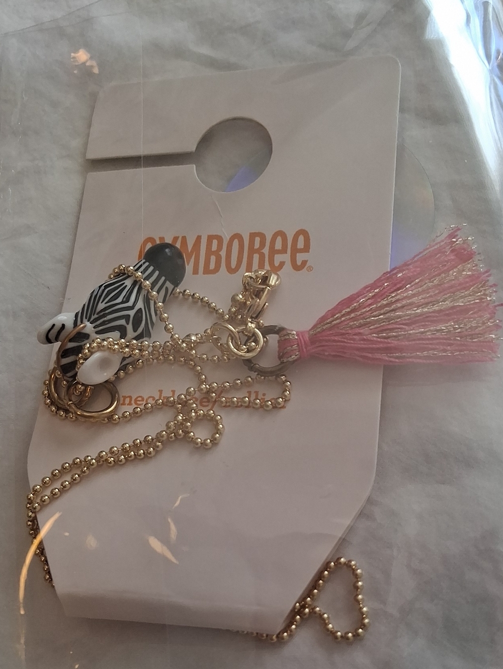 Gymboree Gold Zebra Head Necklace with Pink Tassel